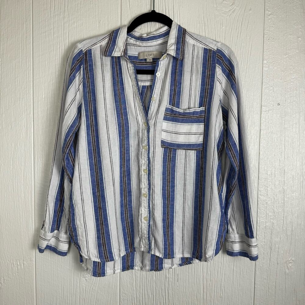 LOFT Striped Linen Blend Everyday Pocket Shirt Button Front Size Small - Picture 2 of 8